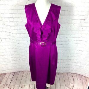 Cotton Cocktail Dress TAHARI Sleeveless Purple Sheath withNeck Ruffles and Belt